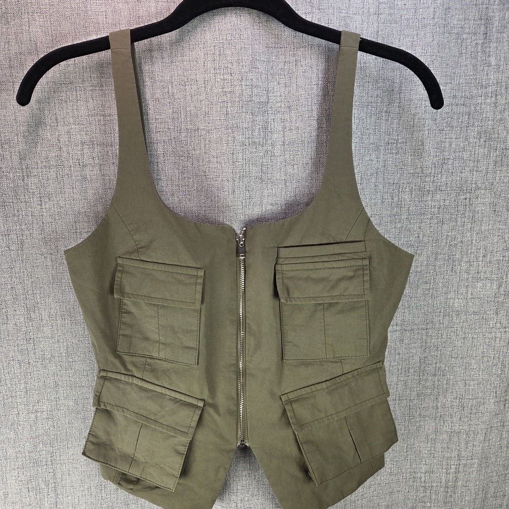 Zara Green Cargo Military Vest Full Zip Crop Small Gorpcore Streetwear Pockets